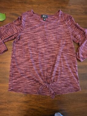 BCX Marled Knit Tie-Front Top with Strappy Cutout Sleeves - Size M